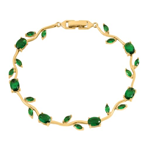 Tulip Flower Bracelet for Women 14K Gold Plated Stainless Steel with Colorful Cubic Zircon Dainty Cute Pink Rose Floral Jewelry Gift for Her Crystal Flower Leaf Bracelets -7.5inch/190mm - color: Green Gold