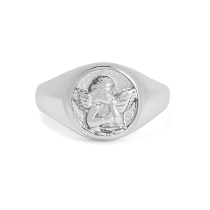 Gold Chunky Signet Stackable Pinky Ring for Women Men, Guardian Angel Cherub, Tarnish-Resistant 18K Gold Plated Stainless Steel Size 3 4 5 6 7 8 9 10 11 - color: Silver