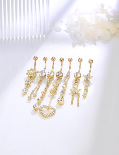 14G Belly Button Ring Piercing Surgical Steel Clear Pink CZ Dangling Navel Rings 10MM Length Hypoallergenic Heart Flower Belly Piercing Jewelry for Women Men Silver Gold - color: Gold- Clear CZ