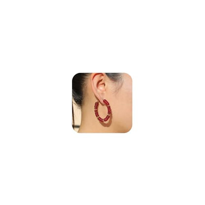 Wellike Beaded Hoop Earrings for Women Natural Stone Pink Gold Huggie Earrings Hypoallergenic Dainty Waterproof Trendy Jewelry - color: Burgundy, size: 45mm
