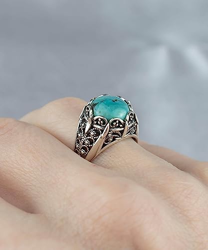 Filigranist 925 Sterling Silver Filigree Art Women Mini Dome Cocktail Ring with Gemstone, Gift Boxed - color: Turquoise