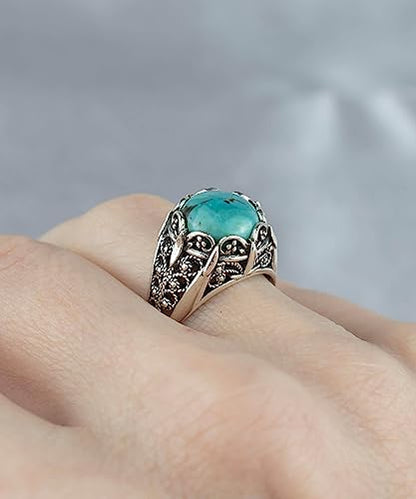 Filigranist 925 Sterling Silver Filigree Art Women Mini Dome Cocktail Ring with Gemstone, Gift Boxed - color: Turquoise