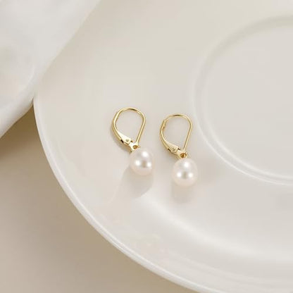 EAMTI Pearl Earrings for Women 925 Sterling Silver Freshwater Cultured Pearl Drop Earrings 14K Gold Plated Leverback Hypoallergenic