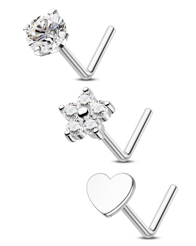 3PCS Titanium Flower Nose Rings Studs 20G, 6.5mm L-Shaped Nose Piercing Jewelry Set - Hypoallergenic Surgical Steel Heart L Bend Nostril Stud for Women Men - color: 3PCS-Silver