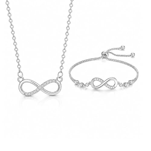 Nilu's Collection Silver Infinity Necklace & Adjustable Bracelet Set for Women