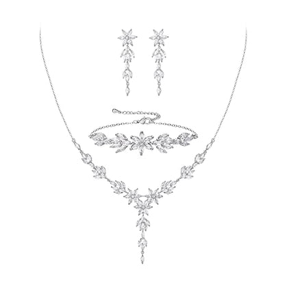 Crysdue Wedding Jewelry Set for Brides Bridesmaid, Cubic Zirconia Teardrop Marquise Leaf Cluster Pendant Necklace Bridal Tennis Bracelet Drop Earrings for Women Party Prom - style: I_silver