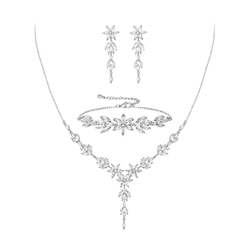 Crysdue Wedding Jewelry Set for Brides Bridesmaid, Cubic Zirconia Teardrop Marquise Leaf Cluster Pendant Necklace Bridal Tennis Bracelet Drop Earrings for Women Party Prom - style: I_silver