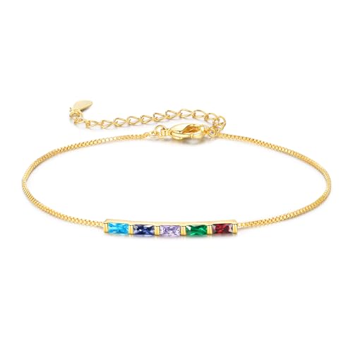 Sterling Silver Personalized 1-6 Birthstone Bracelet for Women Mothers Day Bracelet for Mom Daughter Custom Dainty Jewelry for Christmas Birthday Gift Ideas - style: Gold-5 stones