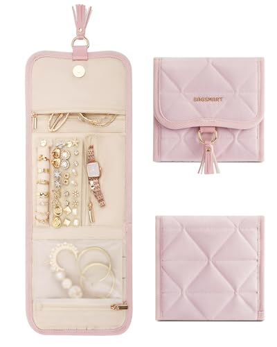 BAGSMART Travel Jewelry Case Organizer, Roll Foldable Jewelry Case for Journey-Rings, Necklaces, Earrings, Bracelets, Brooches, Min, Pink - color: Pink, size: Small
