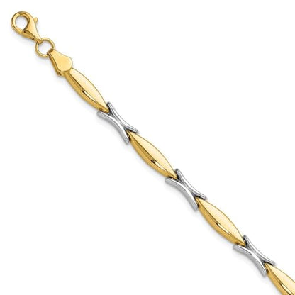 14K Two-tone Gold Polished Fancy Link Chain Bracelet 7.5"