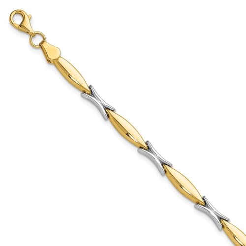 14K Two-tone Gold Polished Fancy Link Chain Bracelet 7.5"