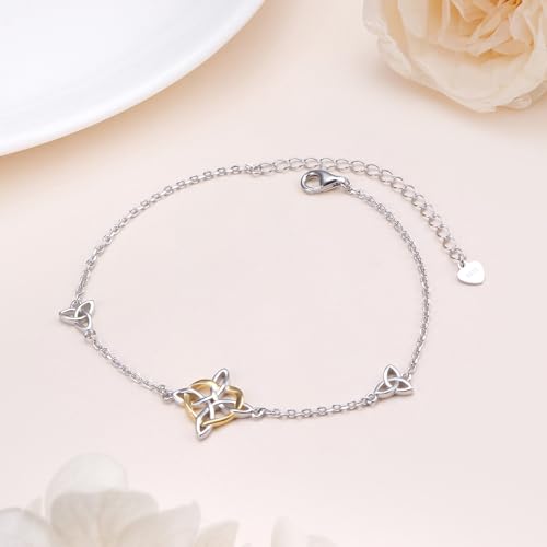 FLYOW 925 Sterling Silver Good Luck Irish Jewelry Triquetra Trinity Celtic Witches Knot Bracelet for Women - color: Silver and Golden