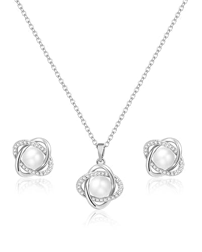 14K Gold Plated and Silver Pearl Jewelry Set for Women - Matching Pearl Necklace and Earring Set with Wrapped Design, June Birthstone Jewelry Set for Gift - color: Silver