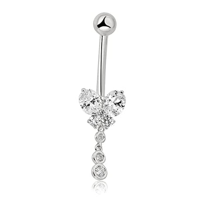 AVORA 10K Gold Simulated Diamond CZ Dangling Butterfly Belly Button Ring Body Jewelry (14 Gauge) - color: White Gold