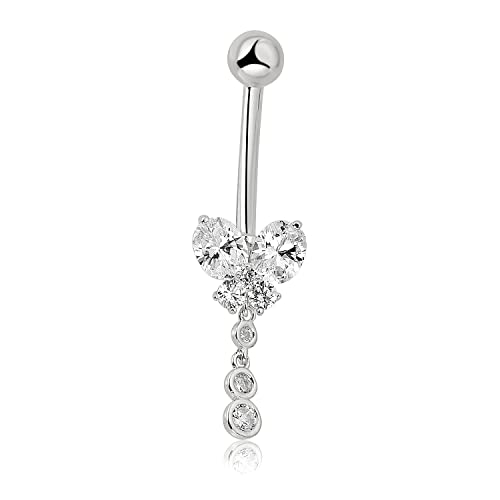 AVORA 10K Gold Simulated Diamond CZ Dangling Butterfly Belly Button Ring Body Jewelry (14 Gauge) - color: White Gold