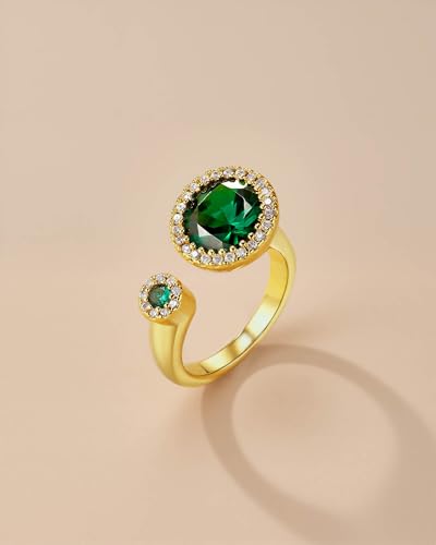 SNGIA 18K Gold Plated Adjustable Open Ring for Women Natural Stone CZ Statement Ring Tiger Eye Emerald Ruby Lapis Black Onyx Turquoise Evil Eye Boho Stackable Cocktail Ring Birthday Gift Jewelry - style: Emerald