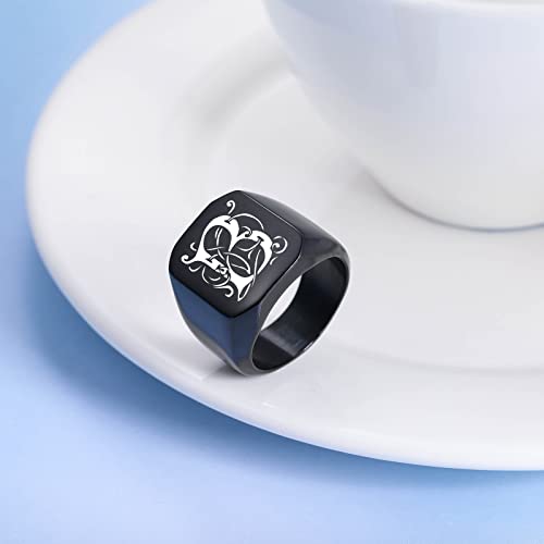 INBLUE Personalized Engraved Initial Monogram Signet Rings for Man Women Stainless Steel Rings Customize Jewelry with Ring Size Adjuster - color: Black: Initial