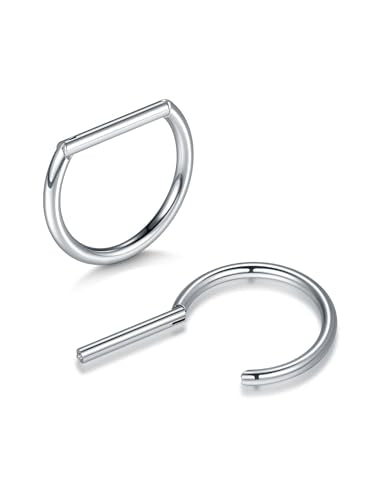 Oveta Titanium D Shaped Nipple Rings 14G for Nipple Piercing Jewelry Higned Segment Clicker Cartilage Hoop Earring 12mm 14mm 16mm for Women Men, Silver/Gold/Black, 2PCS - color: Silver No CZ, size: 11mm Bar