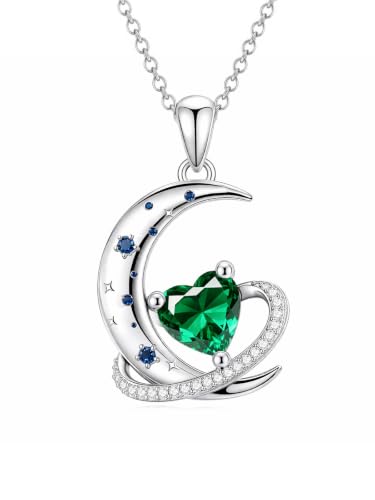Birthstone Necklace for Women White Gold Moon and Star Pendant Moon Jewelry Anniversary Birthday Gifts for Mom Wife Her - color: 05. May - Emerald