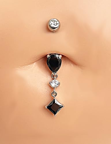 Belly Button Ring Dangle, Cross Belly Button Ring, Navel Piercing | 316L Surgical Steel, AAA+ Cubic Zirconia, Nickel-Free, Hypoallergenic, Multi-Style, 14 Gauge 10 mm Screw On Piercing Stud - style: Dangling Black CZ