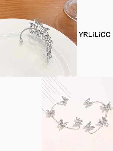 2Pcs Butterfly Ear Cuffs Rhinestone Clip On Earrings | Rhinestone butterfly ear cuffs with non piercing clip on design; silver ear wrap climber jewelry for parties and weddings - style: 2Pair Silver