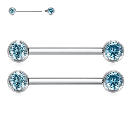 FUNLMO 2pcs Nipple Piercing Jewelry Titanium Nipple Rings Internally Threaded Tongue Rings Bridge Piercing Jewelry Nipple Barbells 14G 12-20mm - color: Silver,Blue CZ