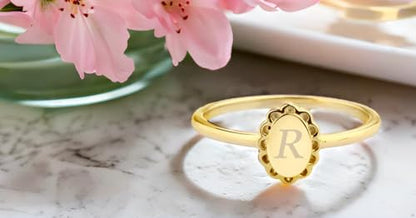 Cherished Moments .925 Sterling Silver or 14K Gold Plated Personalized Gift Signet Ring with Engraved Initial for Baby, Toddler, Kids, Girls, and Children - color: Gold