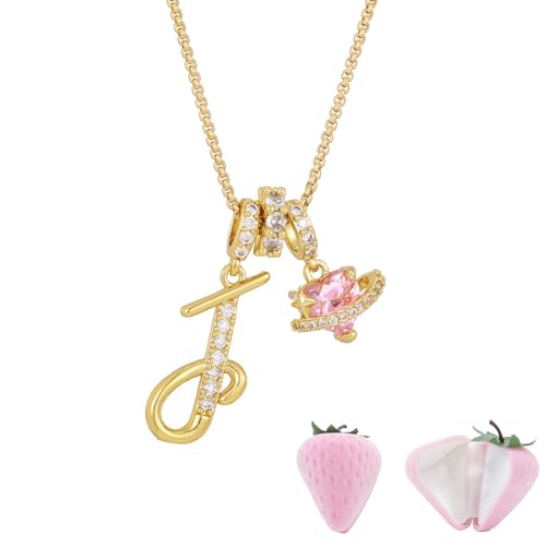 Initial Letter Necklace with Pink Heart Charm, Sparkling Zircon Alphabet Pendant in Gold or Silver Tone, Sweet Style Jewelry with Gift Box, Letter Chain for Daily Wear and Gift - color: Gold+Pink Box, size: #J
