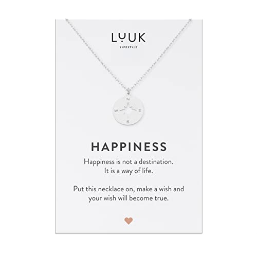 LUUK LIFESTYLE Stainless steel necklace with pendant and HAPPINESS card, 20” adjustable length, lucky charm, friendship chain, Valentine's Day gift, birthday, women's jewelry, silver, gold, rosegold - color: Silver, size: Compass