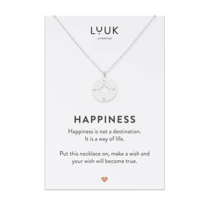 LUUK LIFESTYLE Stainless steel necklace with pendant and HAPPINESS card, 20” adjustable length, lucky charm, friendship chain, Valentine's Day gift, birthday, women's jewelry, silver, gold, rosegold - color: Silver, size: Compass