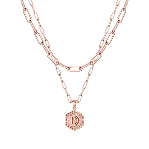 M MOOHAM Dainty Initial Necklaces for Women, 14K-Gold-Plated Layering Necklace for Women Cute Hexagon Letter Initial Necklace Layered Necklaces for Womens Teen Girl Gifts - color: Rose Gold Plated, style: D