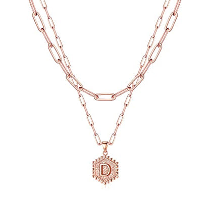 M MOOHAM Dainty Initial Necklaces for Women, 14K-Gold-Plated Layering Necklace for Women Cute Hexagon Letter Initial Necklace Layered Necklaces for Womens Teen Girl Gifts - color: Rose Gold Plated, style: D