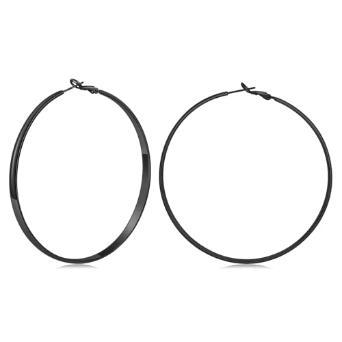 Gacimy 5mm Wide Gold Hoop Earrings for Women, 14K Gold Plated Hoops with 925 Sterling Silver Post, Hypoallergenic Earrings for Women - color: Black, size: 70mm