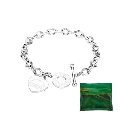 Charm Bracelet for Women 18k Gold/Silver/Rose Gold Plated Love Heart Elegant OT Clasp Stainless Steel Green Bag Packaging Jewelry Gift Birthday - color: Silver, size: 8 inch