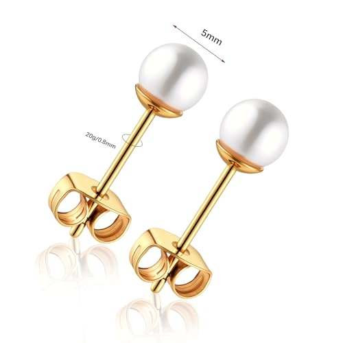 Titanium Ball Earrings Hypoallergenic Studs for Women Men Sensitive Ears Black 3mm 4mm 5mm Titanium Backs - style: 5mm pearl GD