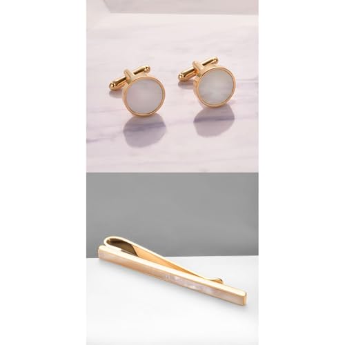 Shell Tie Clip Cufflinks Set for Men Business Gold Silver Tie Bar Cuffs Wedding Party Suit Jewelry Gift - style: mother of pearl