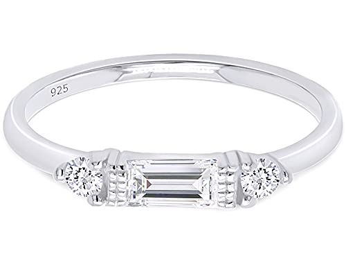 3 Stone Stackable Ring for Women with Birthstone And White Cubic Zircionia | Dainty Minimalist Ring In 14K Gold Over Sterling Silver - color: White Gold : Cubic Zirconia