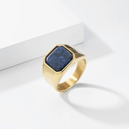 Kemstone Square Signet Ring for Men,Stainless Steel Lapis Lazuli Black Stone Flat Top Geometric Face Silver Gold - color: Gold （Lapis Lazuli）, size: 10#