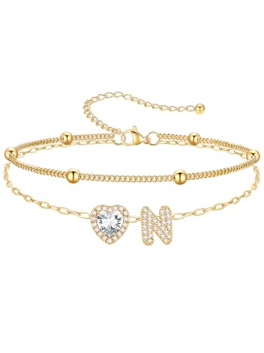 PROSTEEL Initial Ankle Bracelets for Women Waterproof, A-Z Gold/Silver Layered Anklets Adjustable, Summer Beach Gift Jewelry - color: Gold, size: N