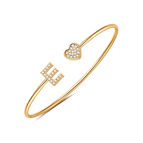 Gold Bracelets for Women Teen Girls, 14K Gold Plated Initial Heart Bangle | Adjustable Open Cuff Bracelet, Dainty Letter Jewelry, Daughter Sister Bridesmaid Friend, Birthday Christmas Graduation Gift - color: E