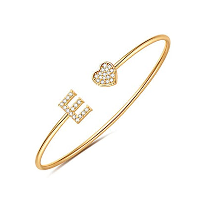 Gold Bracelets for Women Teen Girls, 14K Gold Plated Initial Heart Bangle | Adjustable Open Cuff Bracelet, Dainty Letter Jewelry, Daughter Sister Bridesmaid Friend, Birthday Christmas Graduation Gift - color: E