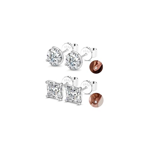 2 Pairs "STUNNING FLAME" 925 Sterling Silver 18K Real Gold Plated Stud Earrings for Women Men 5A Brilliant Princess Cut Round Cubic Zirconia - Hypoallergenic Large CZ Studs Earring Set 8 CTW (2ct*4) - color: 14K White Gold - 8.0 Carat(2.0ct*4)
