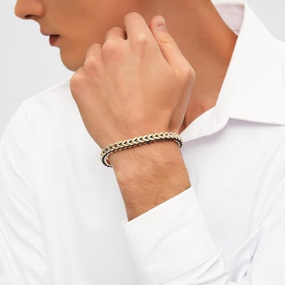 18K Gold-Plated Bracelets for Men Franco Link Chain Adjustable | Stainless Steel Bracelet, Gold Beads Bracelet, Handcrafted Braided, Mens Jewelry Birthday Gift for Men - color: Gold with Card Son