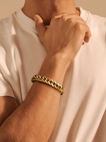 FaithHeart Mens Stainless Steel Cuban Link Bracelet, Tarnish Resistant | 6/8/12/17mm Silver/Black/Gold Sturdy Hip Hop Wrist Chain Bracelets Daily Wear with Gift Box, 7.5"/8.3"/9.1" Length - color: Gold-12mm Width, size: Length 7.5 Inches