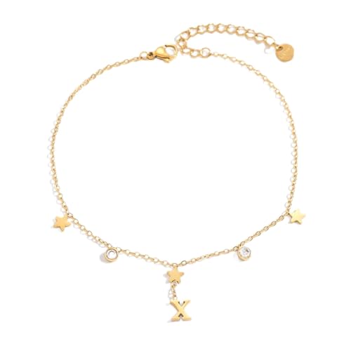Initial Anklet for Women, 18K Gold Plated Waterproof Ankle Bracelet, Star CZ Letter A-Z Personalized Beach Foot Jewelry - color: X