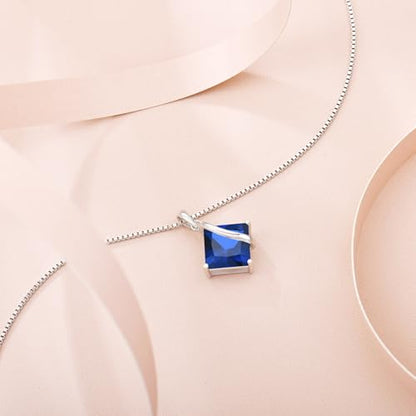 Square Princess Cut Necklace 925 Sterling Silver Solitaire Pendant Necklace Birthstone Jewelry Gifts for Women - color: 09 September - Sapphire