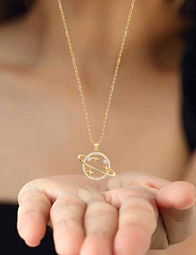 Aobei Pearl 18K Gold Plated Moon Star Lion Evil Eye Love Heart Cross Pendant Necklace Medallion Paperclip Chian Choker Layering Jewery for Women - color: Golden Saturn Planet