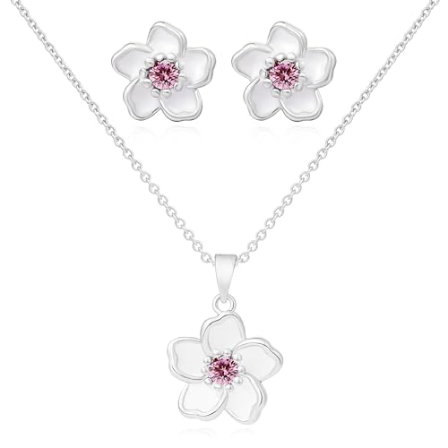 Flower Necklace Earrings Set for Women 14K Gold Plated Hypoallergenic Sets Pair with Different Birthstones for Wedding Party Bridal Bridesmaid Accessories Teacher Valentine Gifts - color: Silver