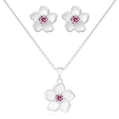 Flower Necklace Earrings Set for Women 14K Gold Plated Hypoallergenic Sets Pair with Different Birthstones for Wedding Party Bridal Bridesmaid Accessories Teacher Valentine Gifts - color: Silver