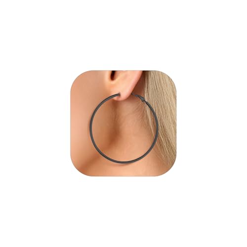 FaithHeart Silver/Black/Gold Stainless Steel Thin Hoop Earrings for Women | 2mm Wide Thin Large Hoop Earrings, Hypoallergenic Lightweight Trendy Jewelry, 20/30/40/50/60/70/80/90/100mm - color: Black, size: 60mm/2.36"